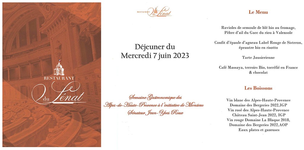 Carte du menu spécial Alpes de Haute Provence du restaurant du Sénat